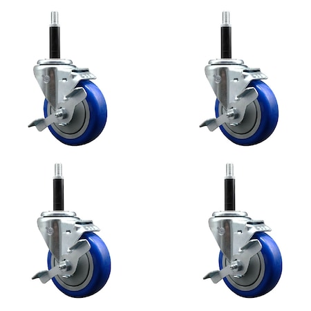 Service Caster 4'' SS Blue Poly Swivel 3/4'' Expanding Stem Caster Set with Brake, 4PK SCC-SSEX20S414-PPUB-BLUE-TLB-34-4